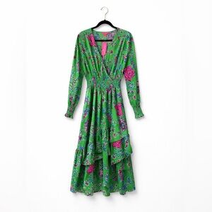 Lilly Pulitzer Green Floral Wrap-Style Maxi Dress with Pink & Blue Accents